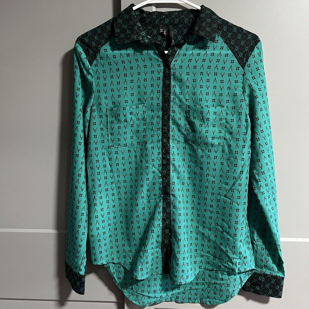 Mango MNG Women L/S Geometric Button Blouse Green/Black XS Career Work Business